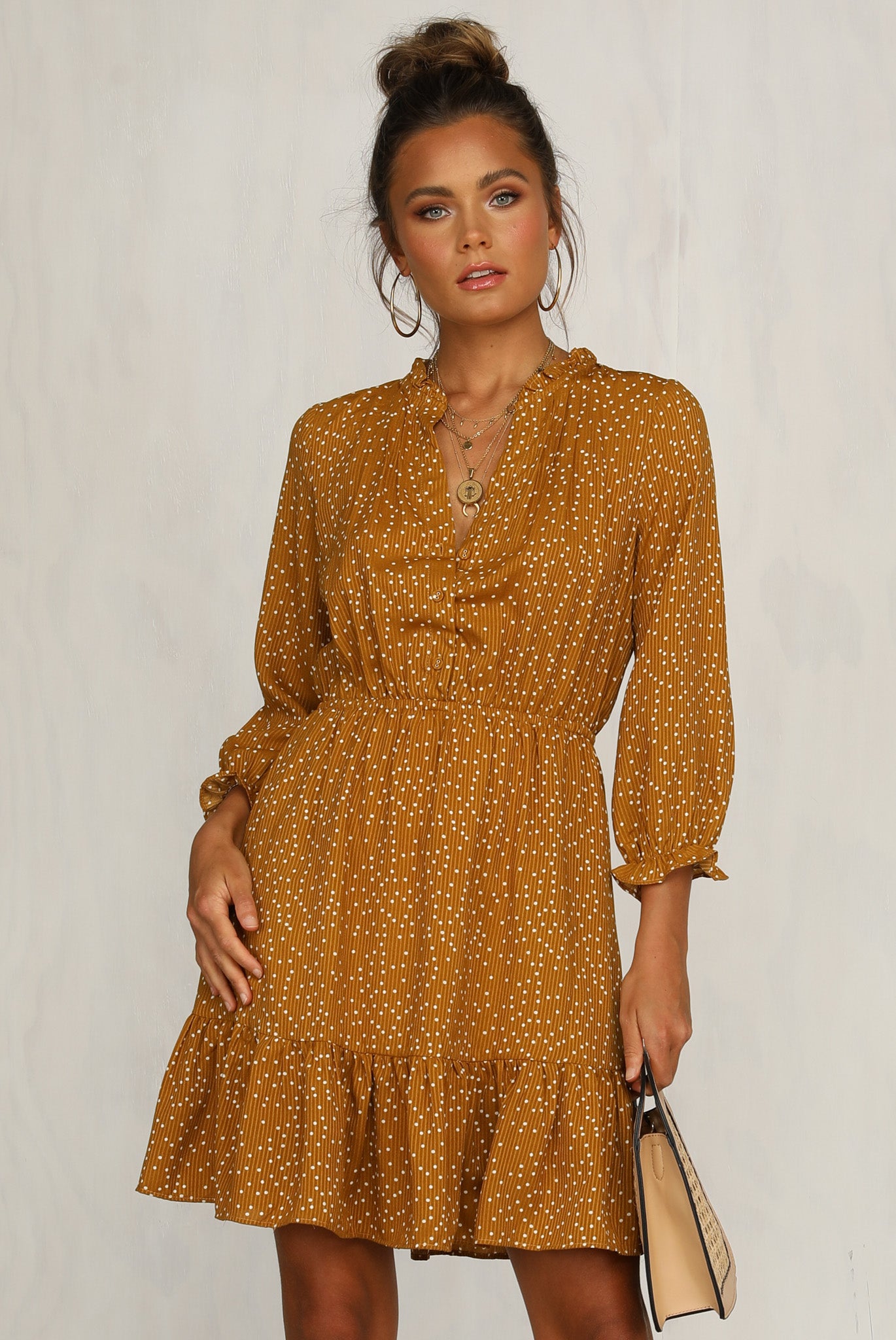 mustard and white polka dot dress