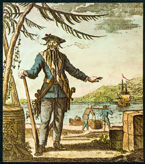 Barbanegra (grabado colorizado del original usado para ilustrar la Historia general de Charles Johnson, c. 1736)