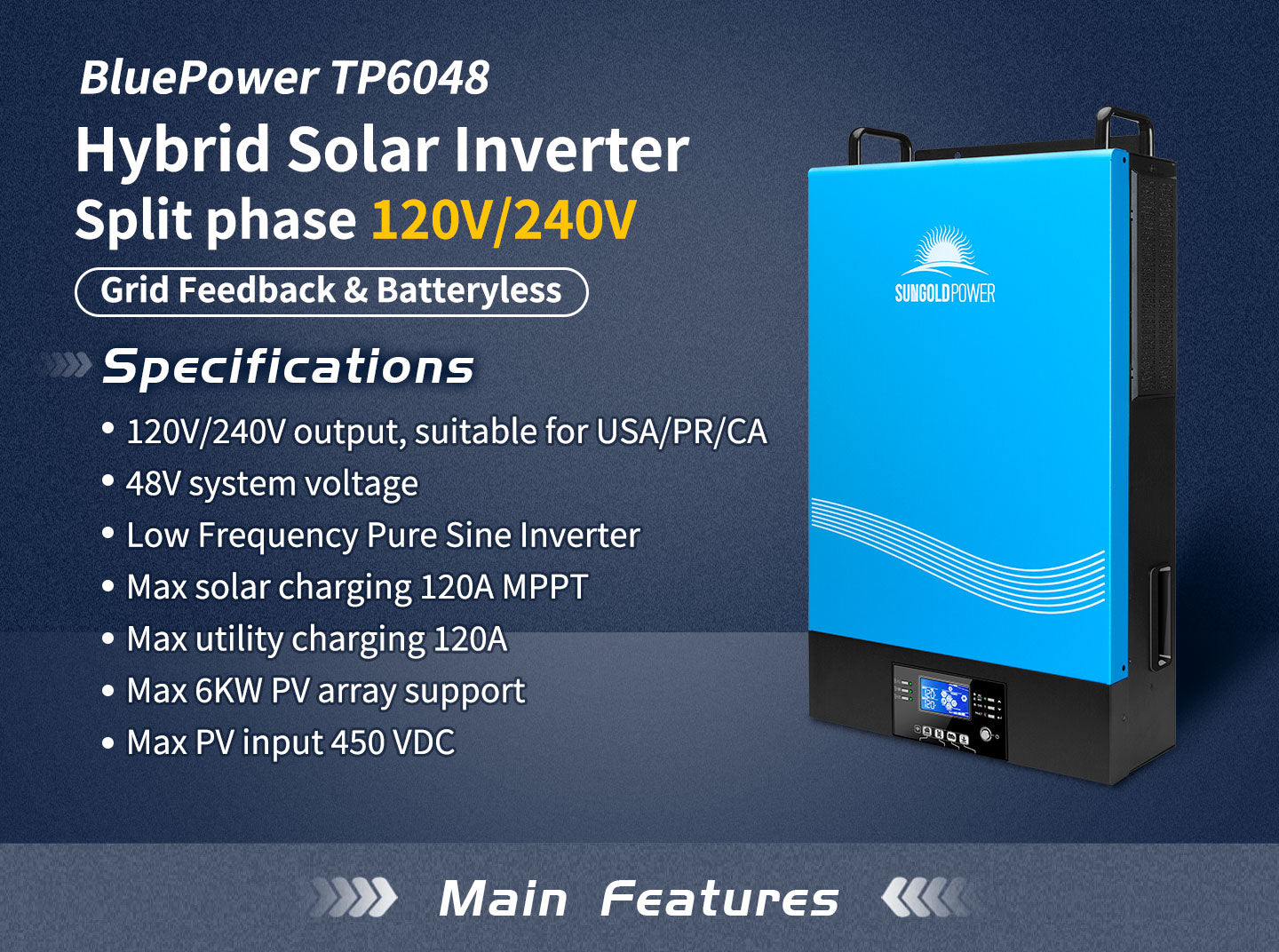 6500W 48V - 120V Hybrid Solar Inverter, 120A MPPT Solar Charge Controller, 120V / 240V Split Phase, Max. 39KW in Parallel, UL1741, Built-in WiFi, Home, Cabinet, Off-Grid Solar System