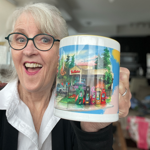 Tim Horton Mug - Pam Holding White Mug With An Illustration of Tim Hortons by David Crighton