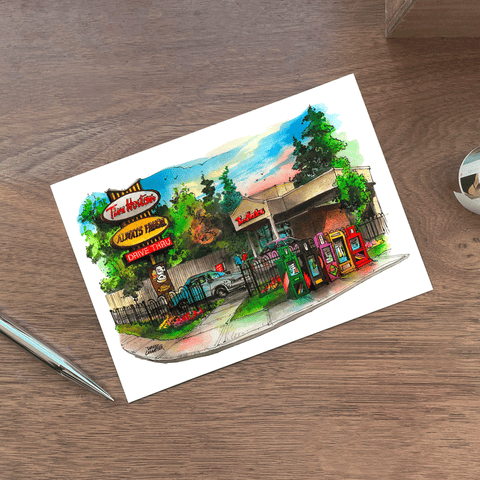 Postcards in Toronto - Tim Hortons Postcard with Illustration of Tim Hortons on a brown wooden table