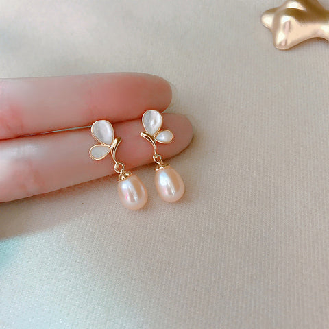 butterfly pink pearl drop earrings