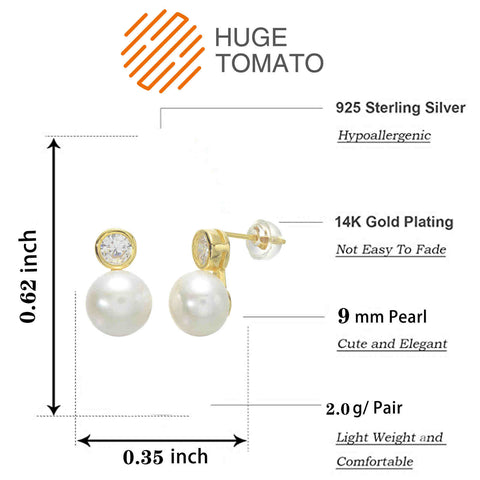 AAA Pearl And Diamond Earrings | Real Pearl Drop Earrings in 14K Gold and Silver Clasps (8-9mm)