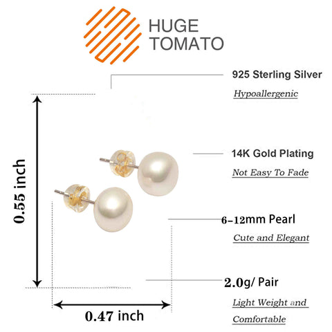 AAA Freshwater Pearl Stud Earrings | Real Pearl Earring Stud in Sterling Silver (6-12mm)