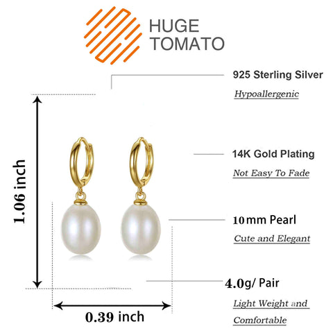 AAA Freshwater Pearl Earrings | Pearl Drop Earrings | Oval Real Pearl Earrings in 18K Gold (9-10mm)