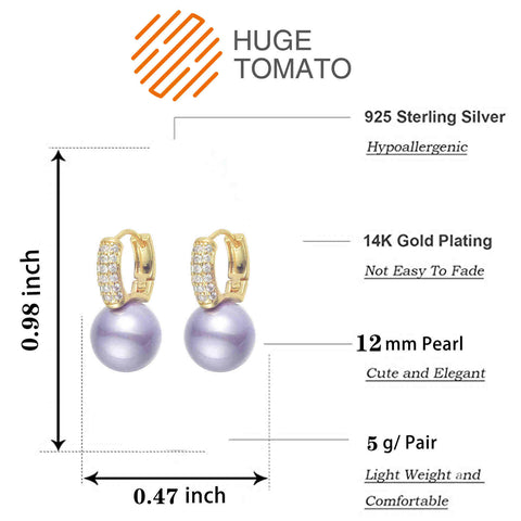 Pearl Drop Earrings | Pearl Huggie Earrings | Pearl Diamond Earrings with Allergy-free pins (12mm)