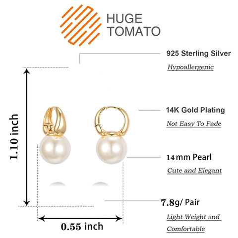New Elegant Pearl Earrings for Women in 14K Gold Plated (14mm, White, Champagne and Grey Available)