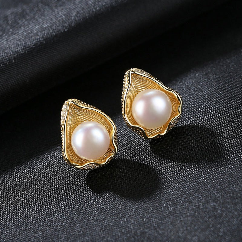 Shell Shape Pearl Earrings 18K Gold | Pink Freshwater Real Pearl Stud ...