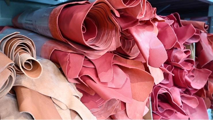 Atelier Verdi red leather hides at the tannery