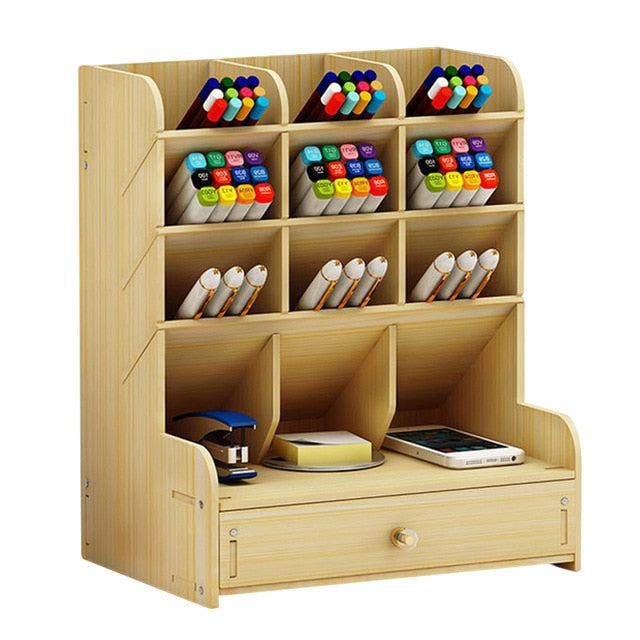 Wooden Multi Function Desktop Pen Holder 5 Layer Desk Storage Box
