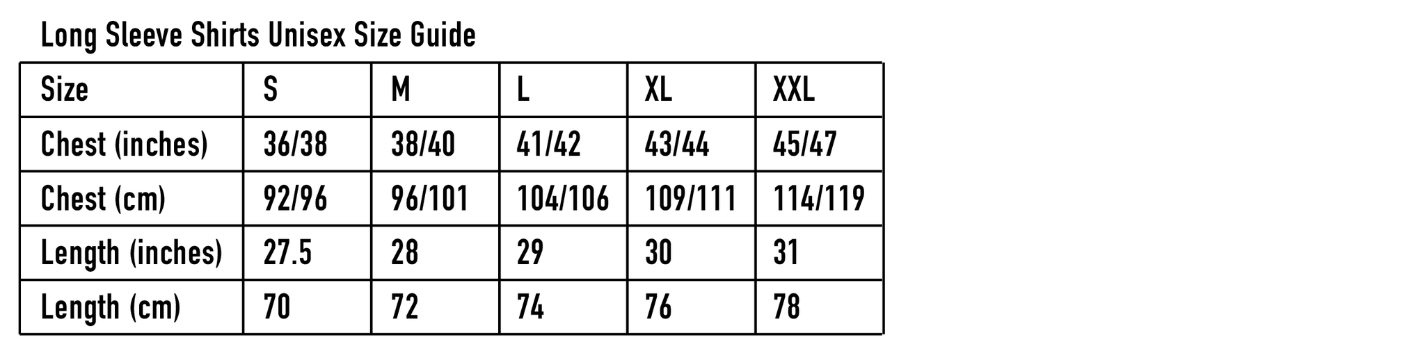 Long Sleeve Shirts Size Guide