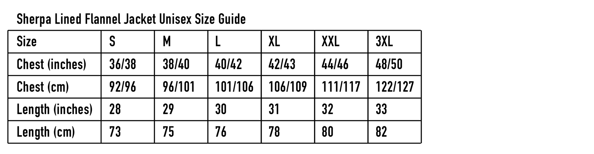 Sherpa Lined Flannel Jacket Size Guide