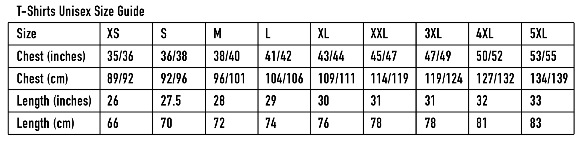 T-Shirts Size Guide