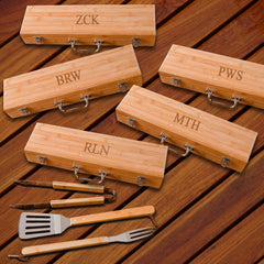 Personalized Set of 5 Grilling Set with Bamboo Case