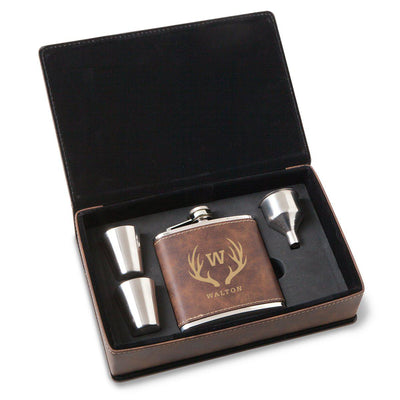 Personalized 6 oz Rustic Gold Flask Gift Set for Groomsmen-Antler-
