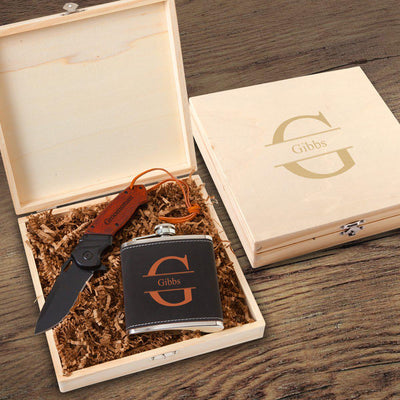 Personalized Flask & Pocket Knife Groomsmen Gift Set (Gift Boxed)