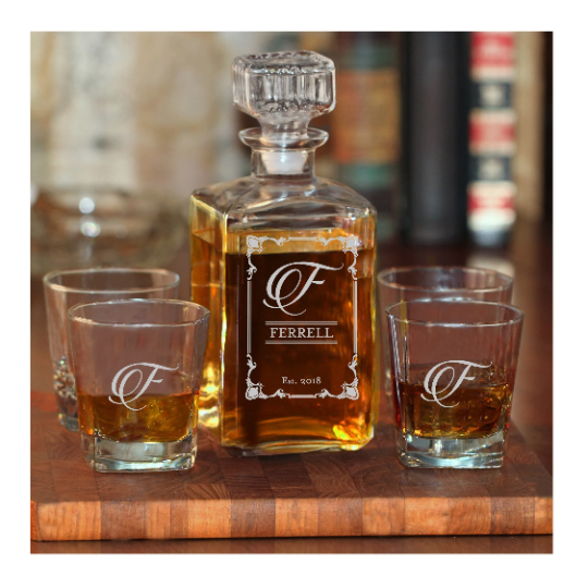 Whiskey Decanter and Double Rocks Glasses Set Personalized w/ Name & Initial