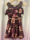 Short Burgundy Floral Girls Dress with Tulle Lining and Cold Shoulder