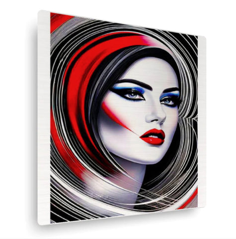 Artistic face of a woman in red, black and white colors.