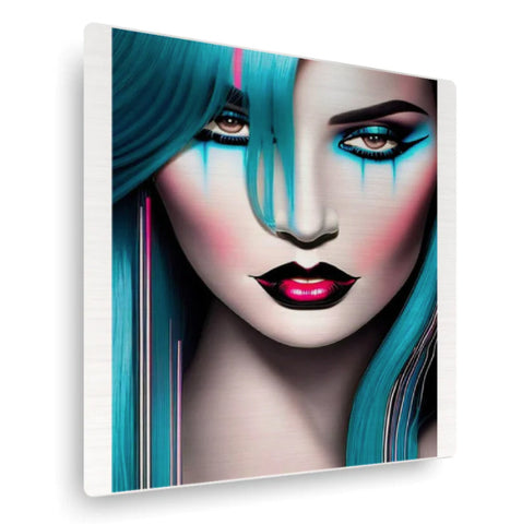 Artistic face of a woman in turquoise, black and white colors.