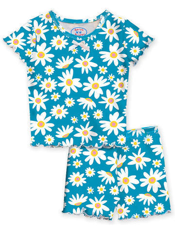 Daisy Floral Blue Short Pajama Set for Girls