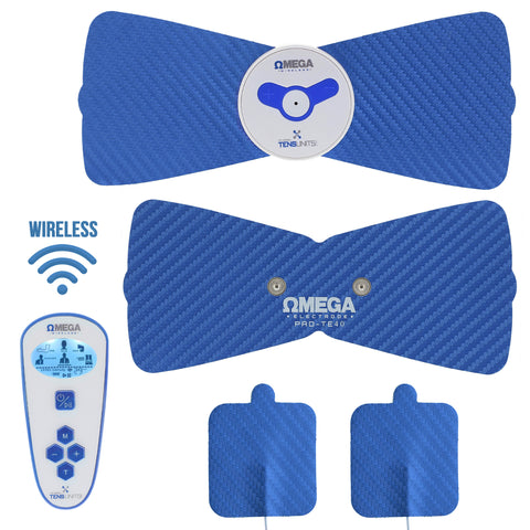 four blue wireless electric pain therapy massage units with controller 