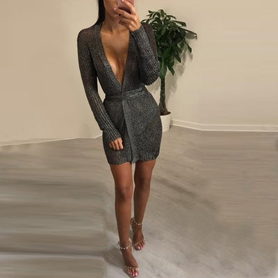 metallic knit wrap dress