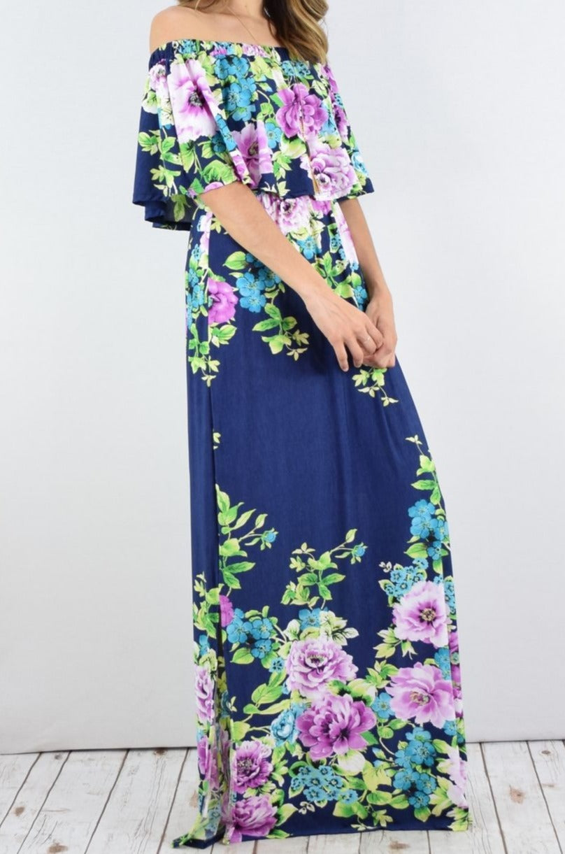 Navy Floral Off Shoulder Ruffle Maxi Dress – éloges