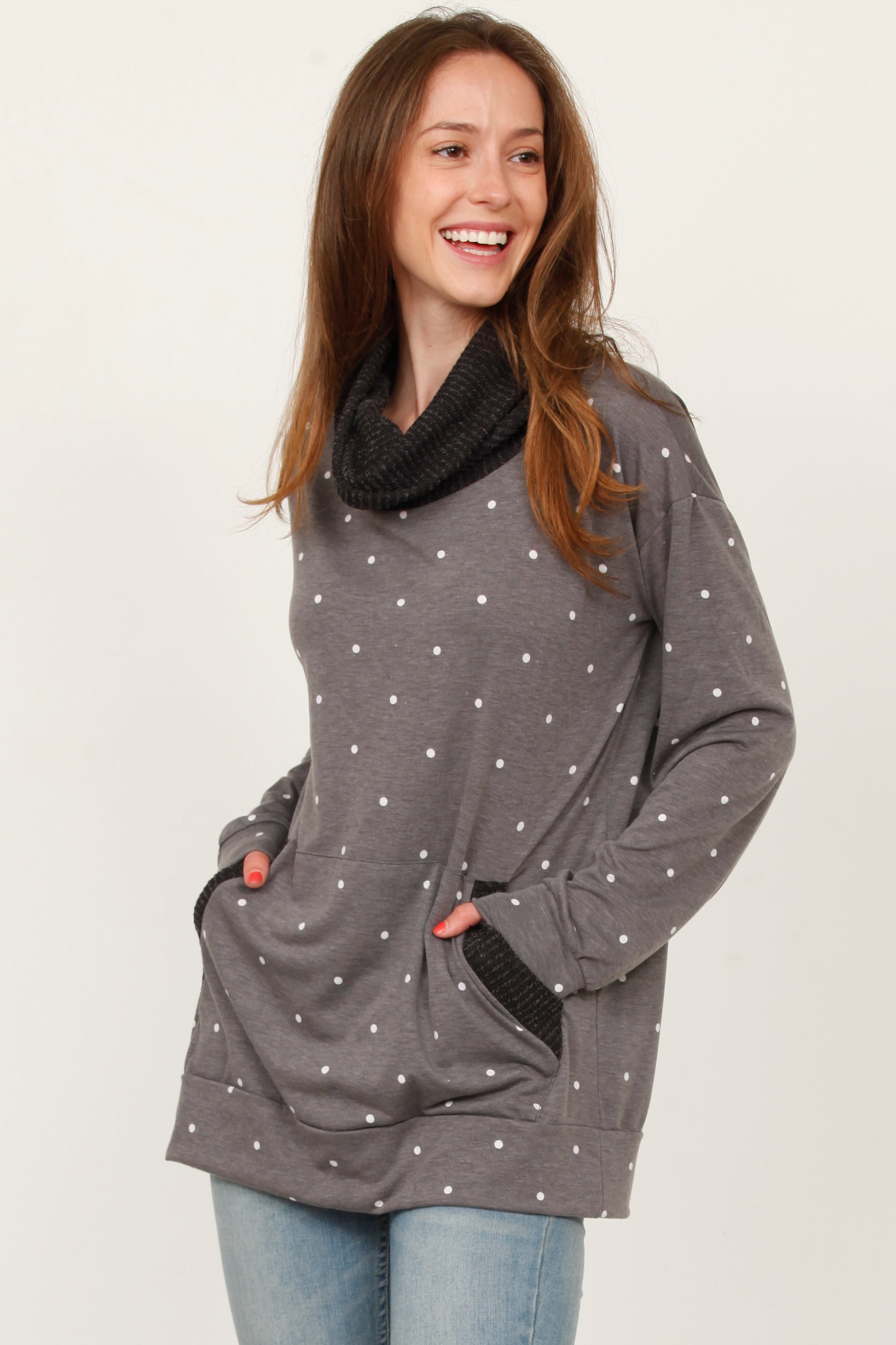 Charcoal Polka Dot Cowl Neck Tunic with Pockets – éloges