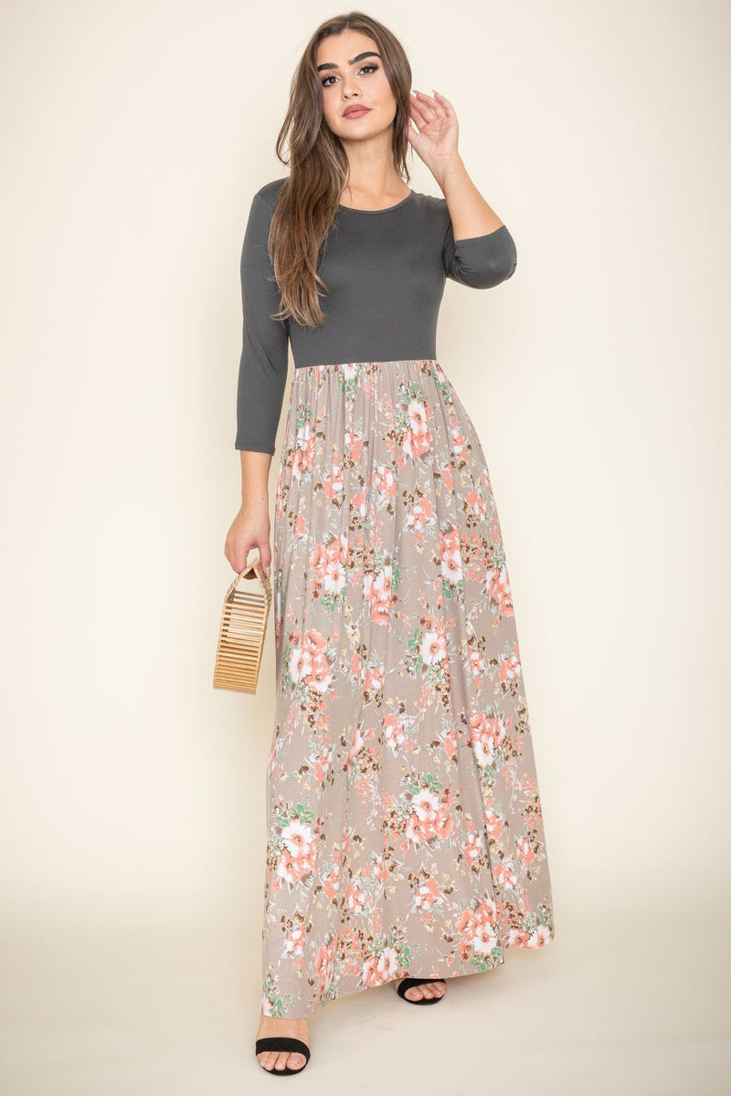 Charcoal 3/4 Sleeve Contrast Taupe Floral Maxi Dress – éloges