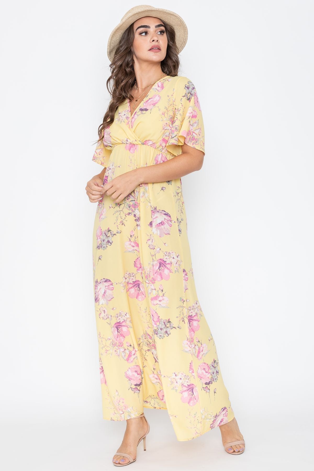 Yellow Chiffon Floral Surplice Flutter Sleeve Maxi Dress – éloges