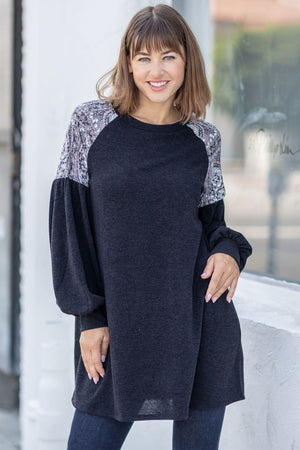Black Knit Grey Paisley Shoulder Accent Tunic Dress