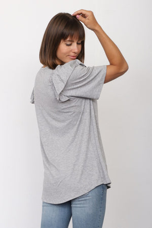 Solid Grey Short Sleeve Ruffle Accent Top