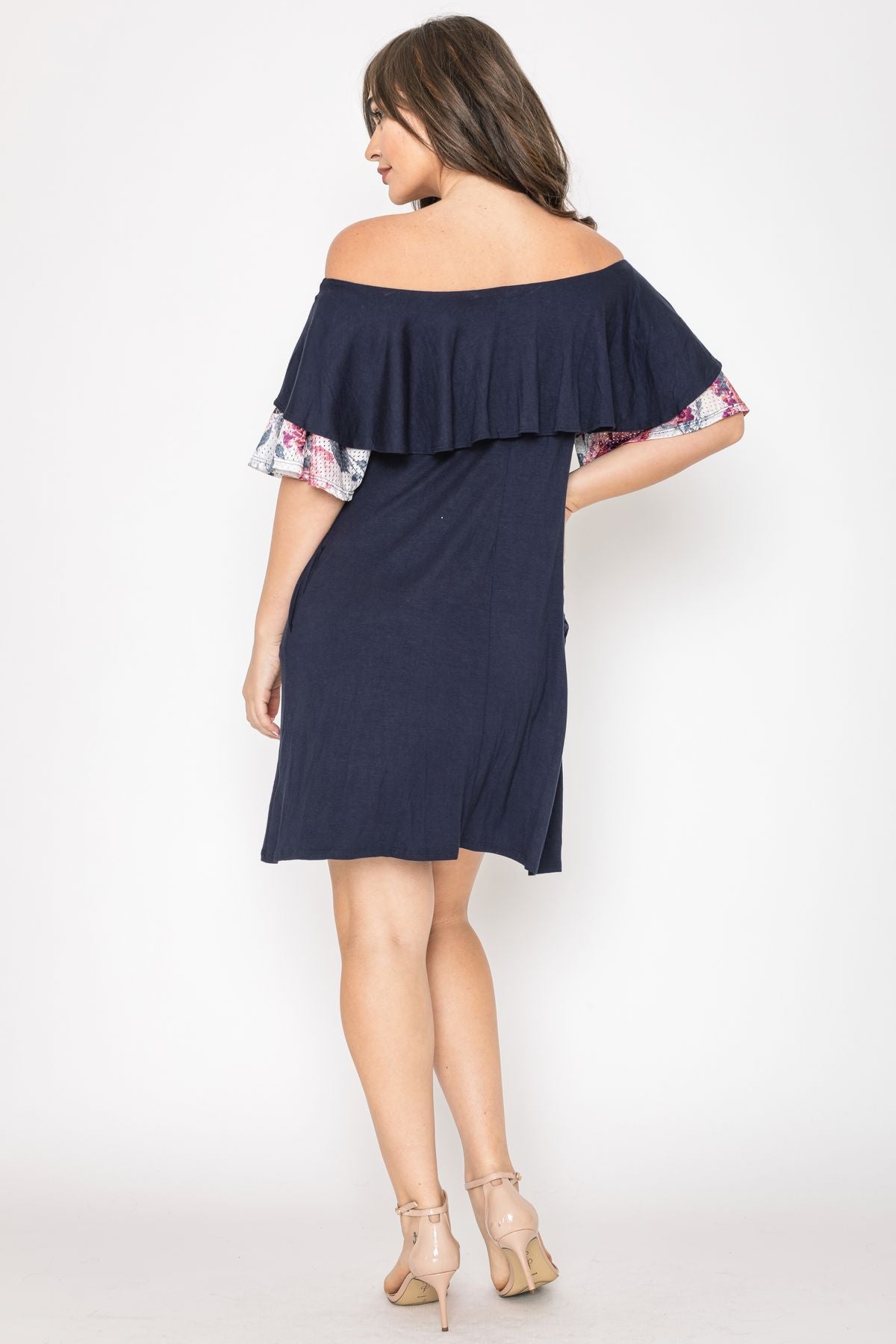 Navy & Floral Lace Ruffle Off Shoulder Dress