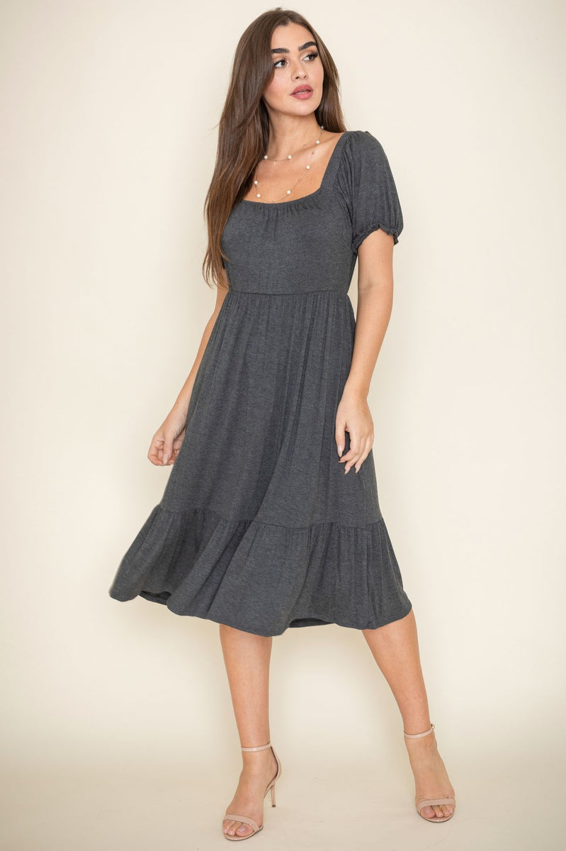 Solid Charcoal Square Neck Ruffle Hem Midi Dress_Plus – éloges