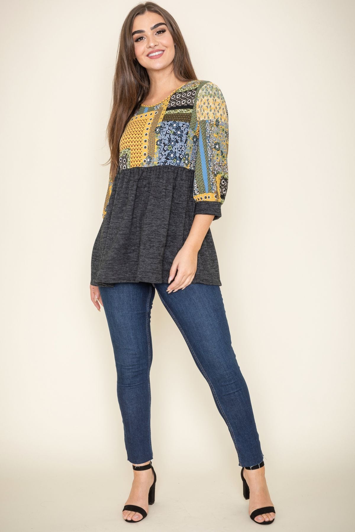 3/4 Sleeve Charcoal Contrast Patchwork Printed Tunic_Plus – éloges