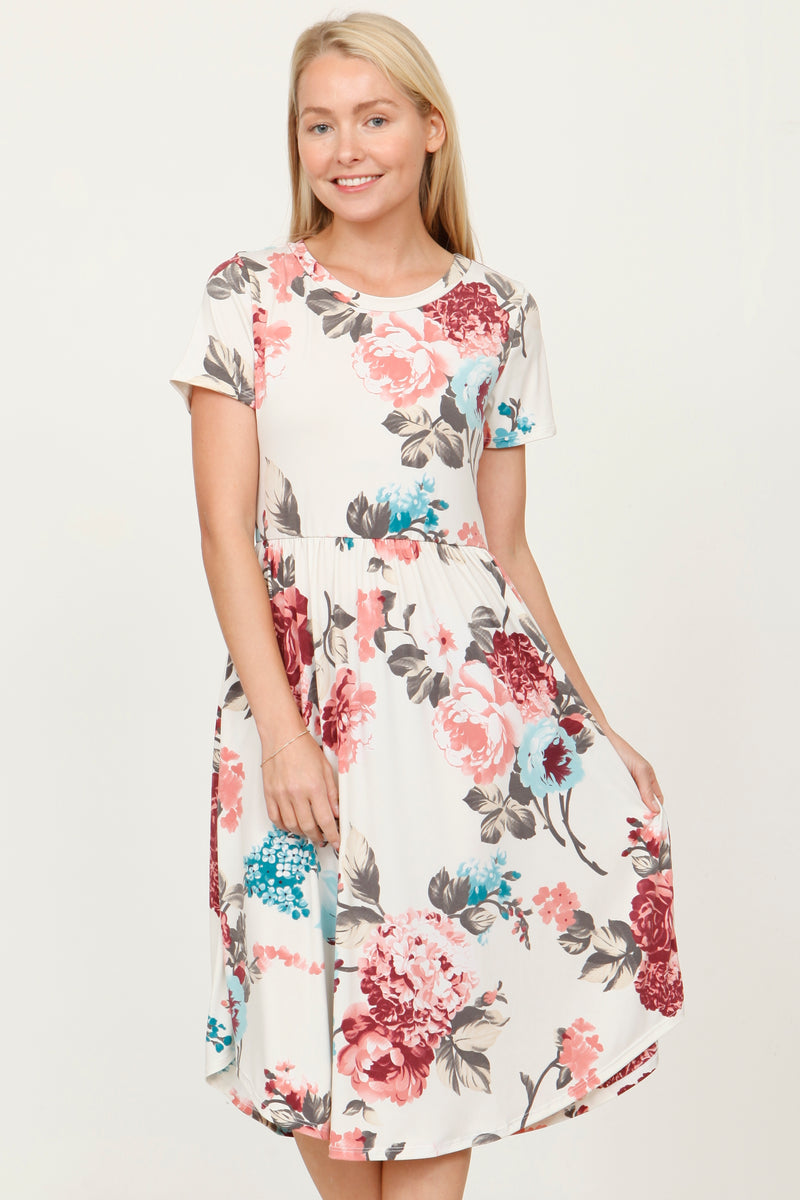 Ivory Pink Mint Floral Short Sleeve Midi Dress_S – éloges