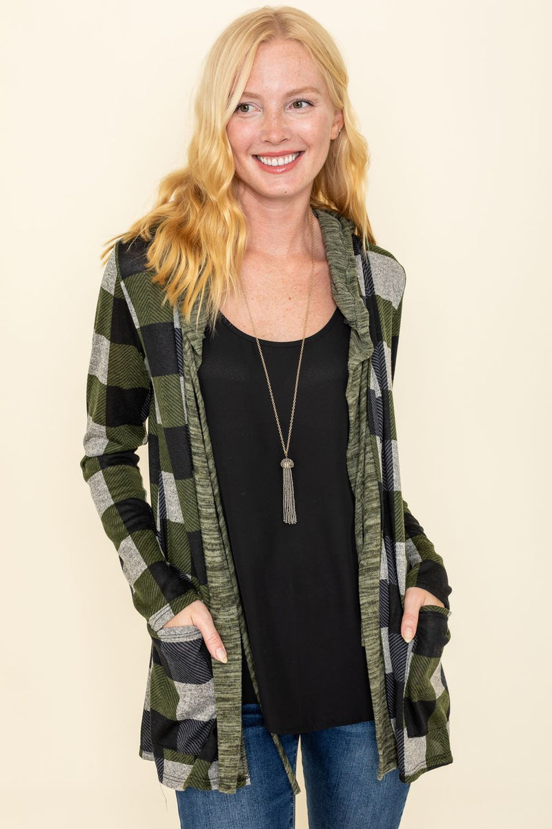 Olive Checkered Hooded Cardigan_Plus – éloges