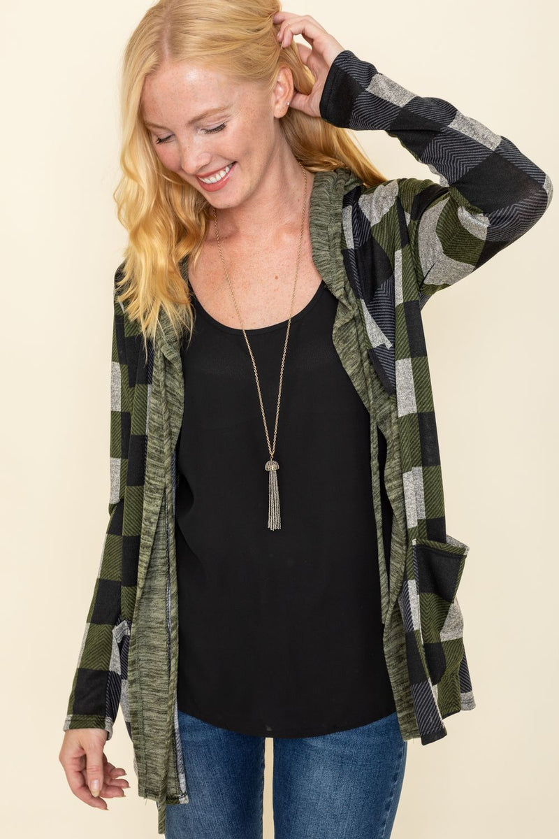 Olive Checkered Hooded Cardigan_Plus – éloges