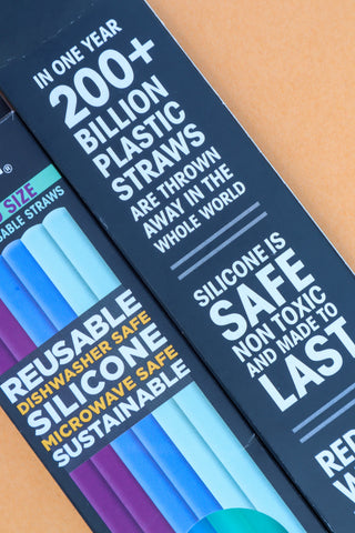 Reusable silicone straws on their packaging that reads: "in one year 200+ billion plastic straws are thrown away in the whole world. Silicone is safe, non-toxic, and made to last". 