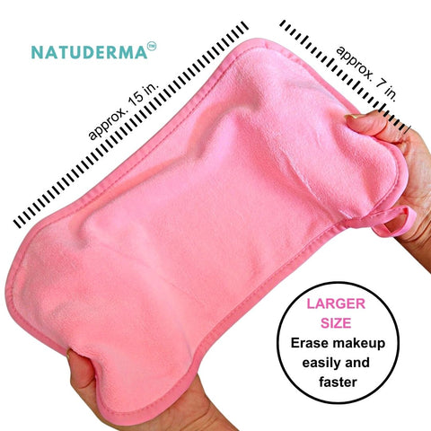 Large makeup remover cloths by natuderma, six make up remover towels, pink, green, purple.