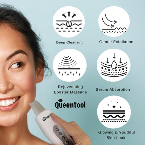 Ultrasonic Skin Scrubber Benefits, Professional ultrasonic skin scrubber by Queentool, Skin Care Tool sold by dermishop.com