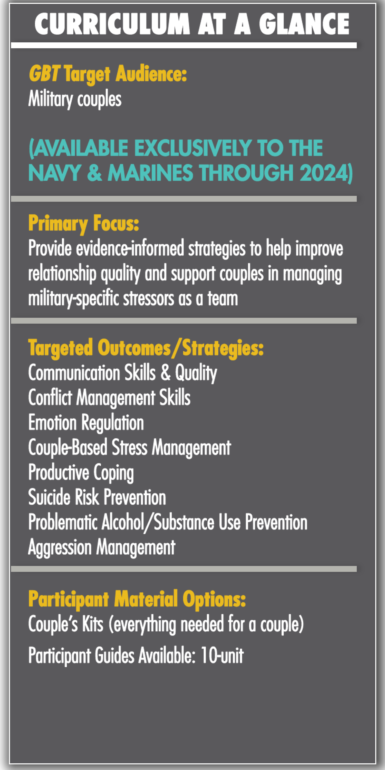 GBT Target Audience:  Military couples  (Available EXCLUSIVELY to the Navy & Marines through 2024)  Primary Focus:  Provide evidence-informed strategies to help improve relationship quality and support couples in managing military-specific stressors as a team   Targeted Outcomes/Strategies: Communication Skills & Quality Conflict Management Skills Emotion Regulation  Couple-Based Stress Management  Productive Coping  Suicide Risk Prevention  Problematic Alcohol/Substance Use Prevention  Aggression Management   Participant Material Options: Couple’s Kits (everything needed for a couple) Participant Guides Available: 10-unit