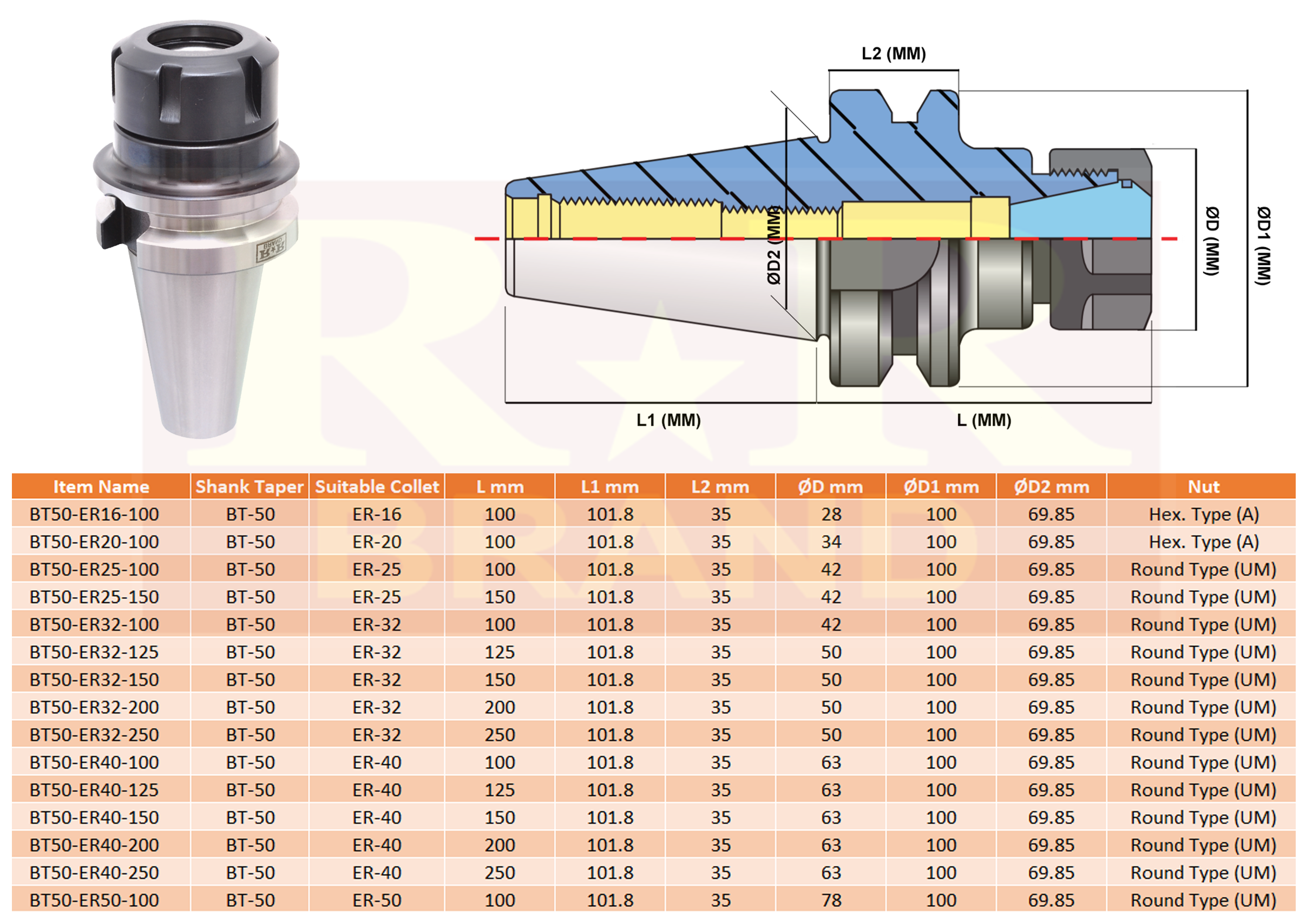 MAS403 BT50 Taper DIN6499 ER Collet Chuck RR Brand Dimension Chart