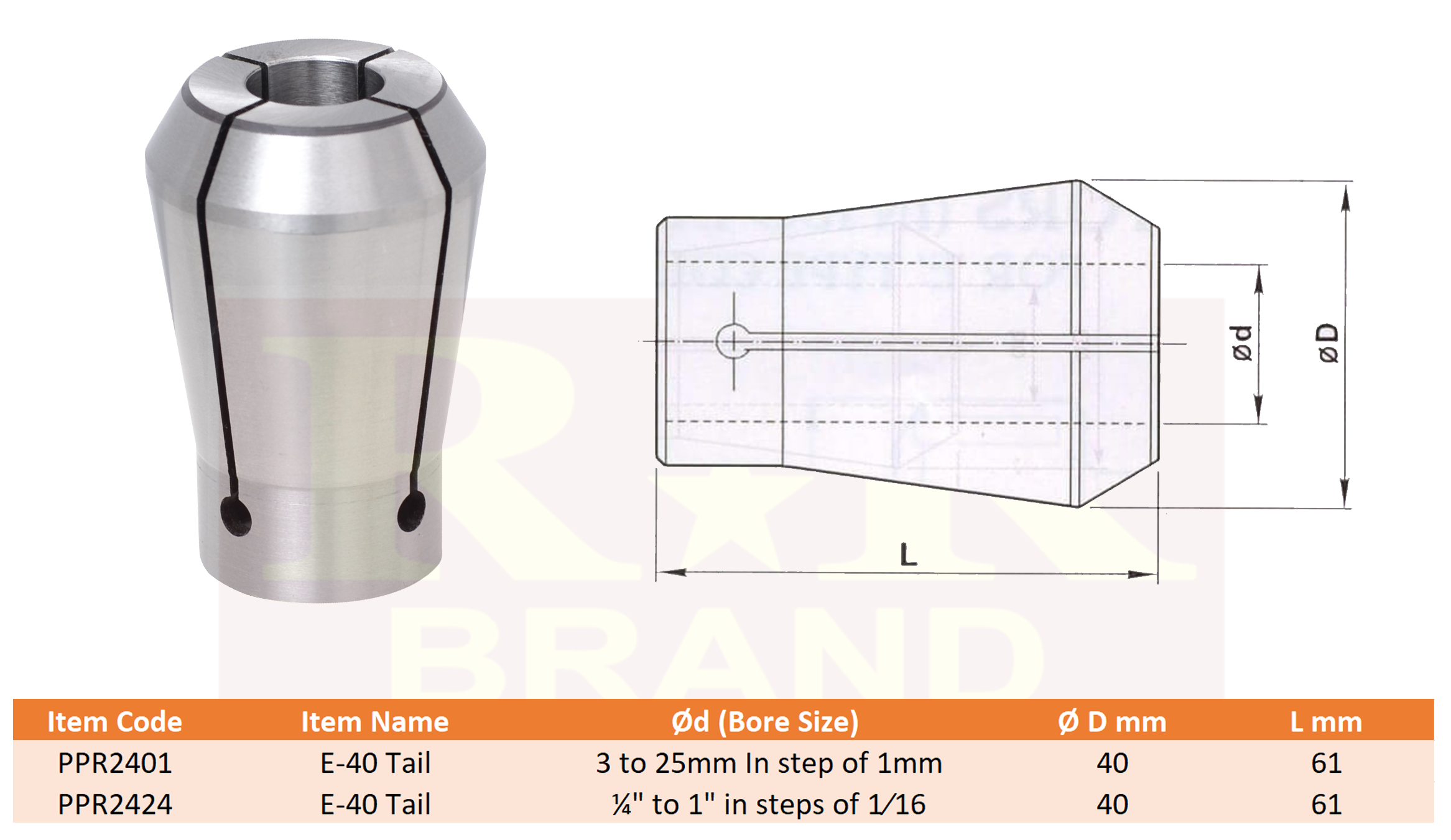 E40 Tail Collet RR Brand Dimension Chart