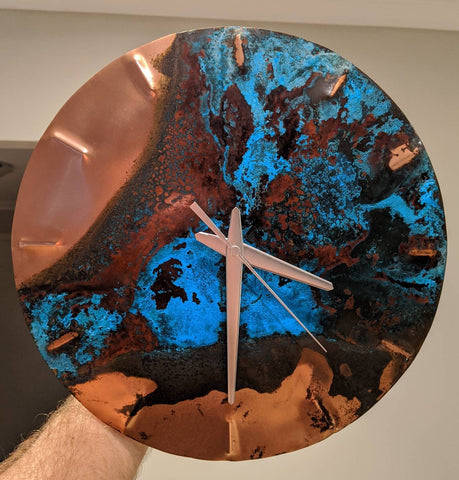 The first "half time" blue patina copper clock ever made by Empire Copper
