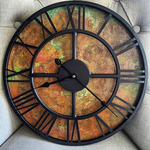 Empire Copper, Wrought Iron, Vintage Clock with a Copper and Green Patina Backing