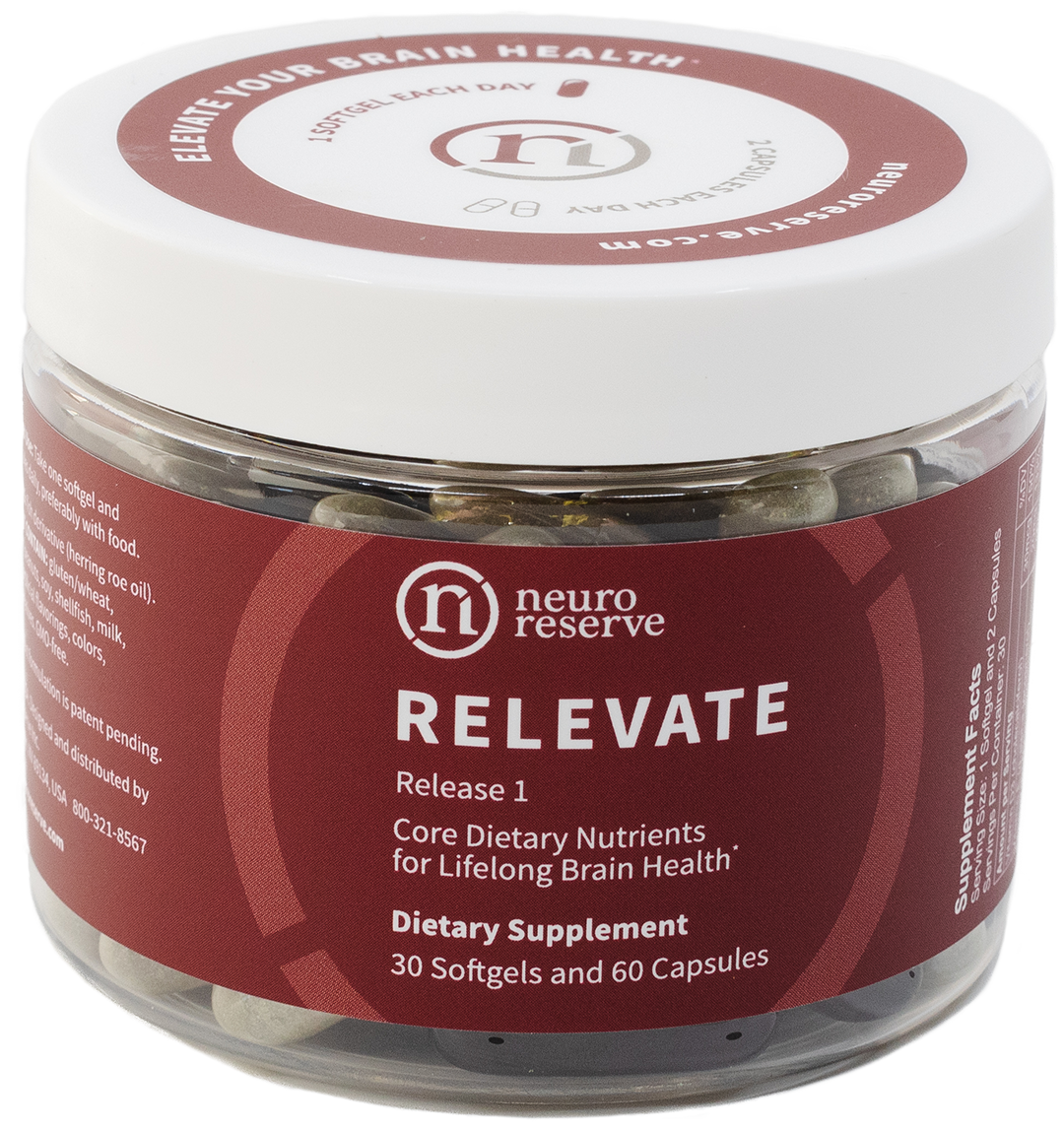 Jar of RELEVATE brain health supplement