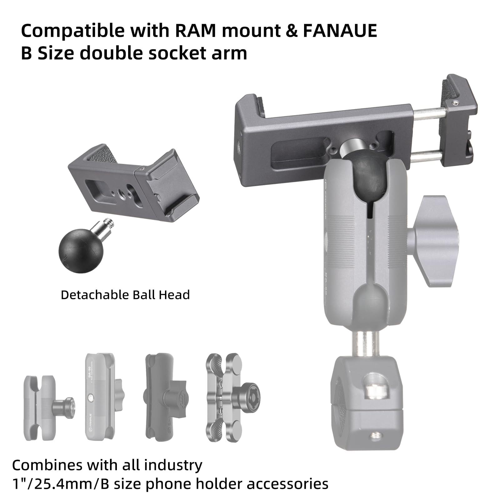 FANAUE Aluminum Phone Holder with 1" Ball Head Adapter Compatible with RAM mounts B Size Double Socket arm (CPC-08) CPC-08 - Image 3