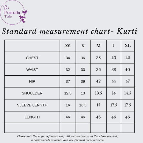 Tunics and Kurtis Measurement Chart